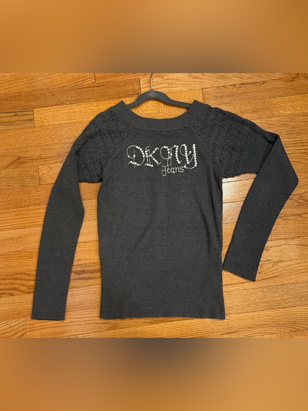 DKNY- Charcoal Gray Rhinestone Logo Sweater